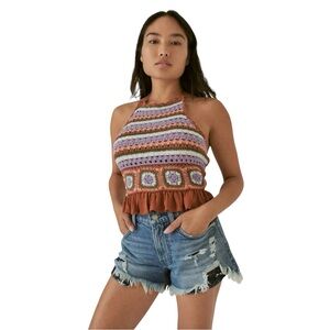 Lucky Brand Crochet Halter Top Women's XL Burnt Brick Tassel Tie